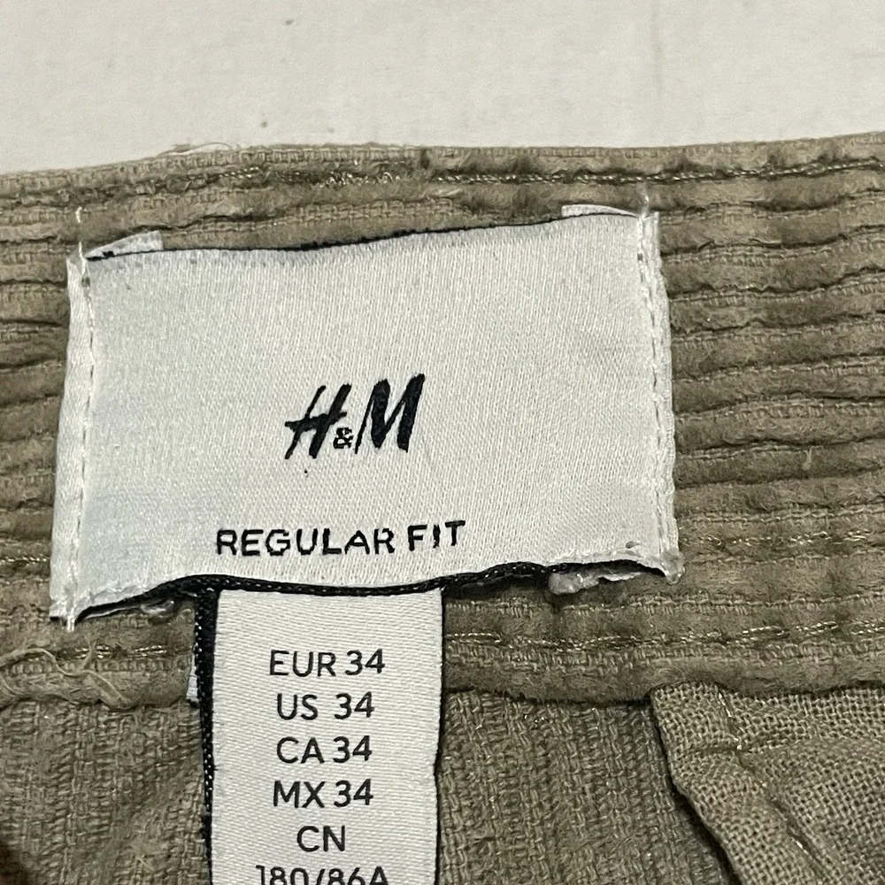 H&M Regular Fit Corduroy Pants Mens 34x26 Olive Khaki Flat Front Stretch Cotton